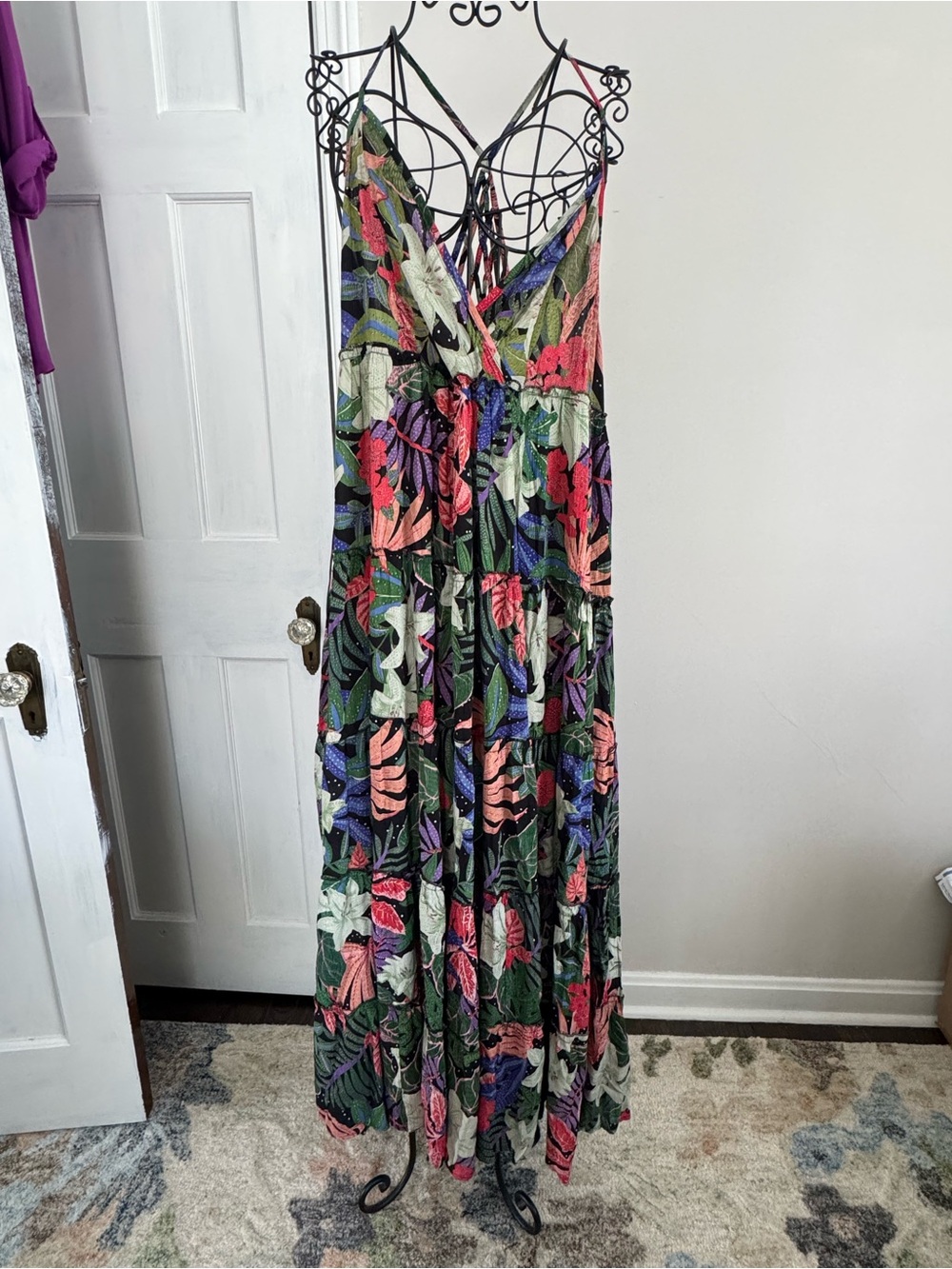 Angie Floral Print tiered Maxi Dress in Black, Purple & Pink
